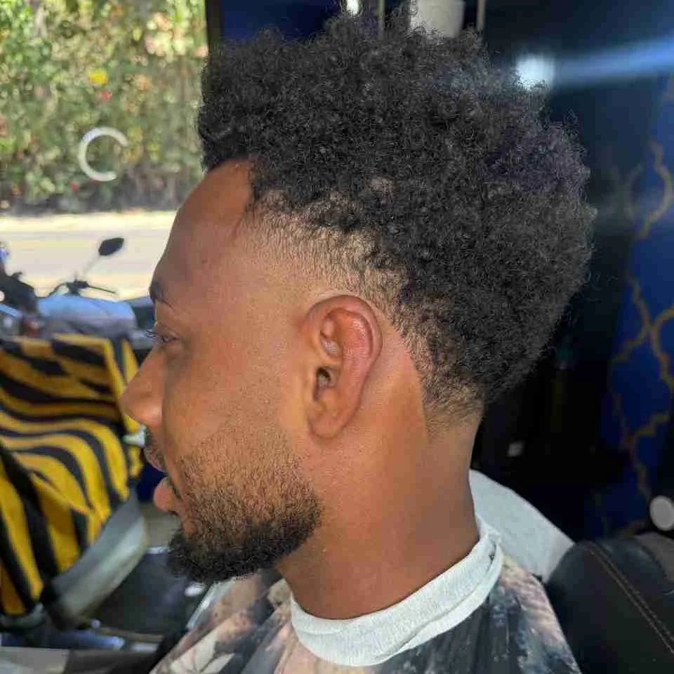 Afro with a fade and defined beard